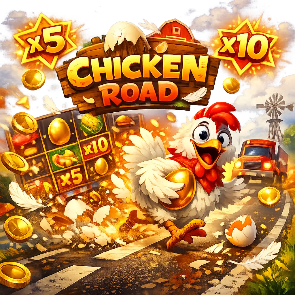 Colorful promotional image for Chicken Road slot featuring a playful chicken, road lanes, and floating coins.
