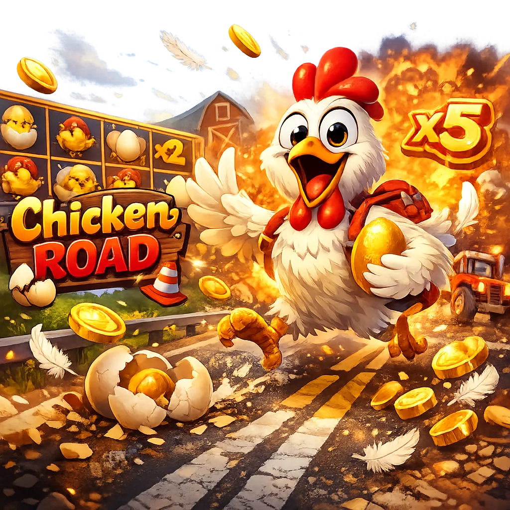 Dynamic promotional image for Chicken Road slot featuring a funny chicken, road lanes, eggs, feathers, and coins.
